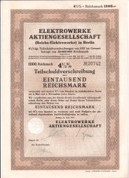 Акция Электростанции в Берлине, 1000 рейхсмарок 1937 г, Германия